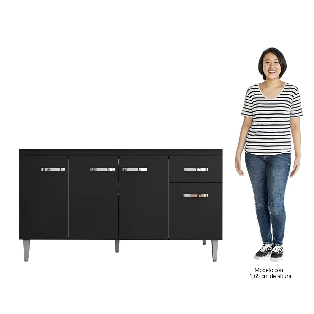 Balcão Gabinete Para Pia Sem Tampo 150cm 4 Portas e 1 Gaveta Gabriela Preto - AJL Móveis