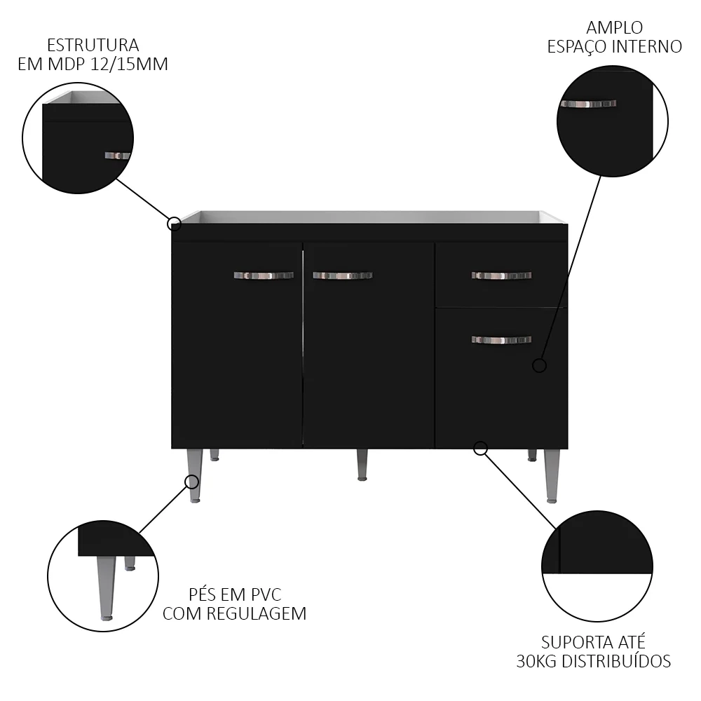 Balcão Gabinete Para Pia Sem Tampo 120cm 3 Portas e 1 Gaveta Gabriela Preto - AJL Móveis