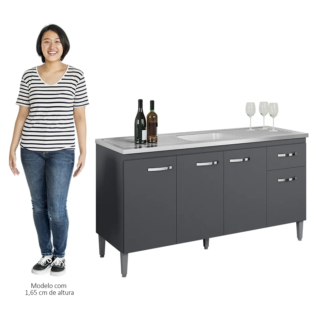 Balcão Gabinete Com Pia Inox 150cm 4 Portas e 1 Gaveta Gabriela Cinza - AJL Móveis
