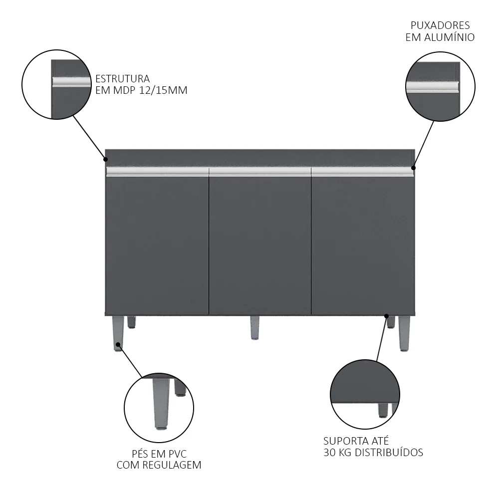 Balcão Gabinete Para Pia 120cm 3 Portas Sem Tampo Manu Cinza - AJL Móveis