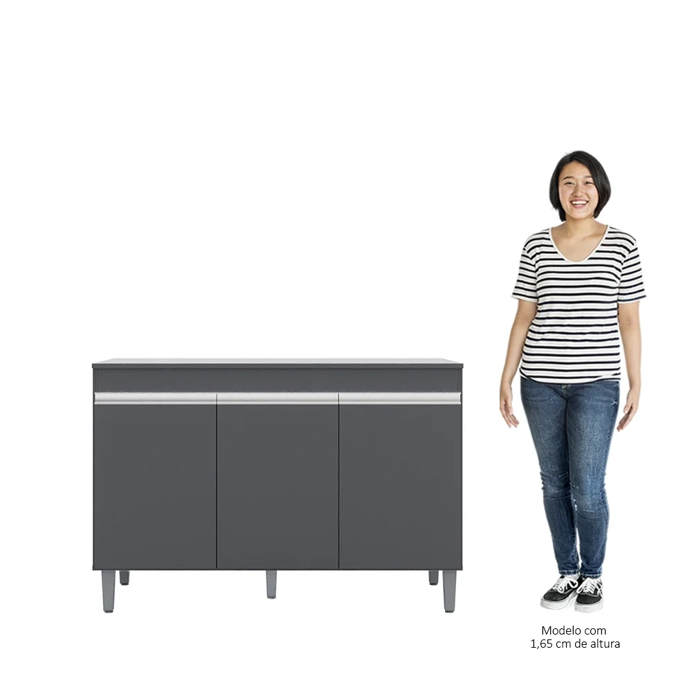 Balcão Gabinete Para Pia 120cm 3 Portas Com Tampo Manu Cinza - AJL Móveis
