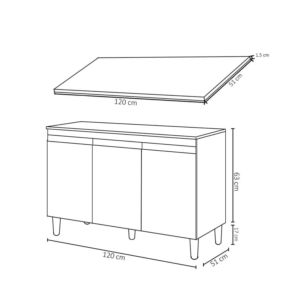 Balcão Gabinete Para Pia 120cm 3 Portas Com Tampo Manu Cinza - AJL Móveis