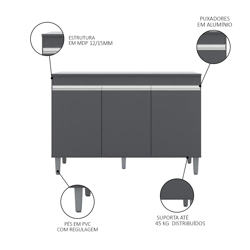 Balcão Gabinete Para Pia 120cm 3 Portas Com Tampo Manu Cinza - AJL Móveis