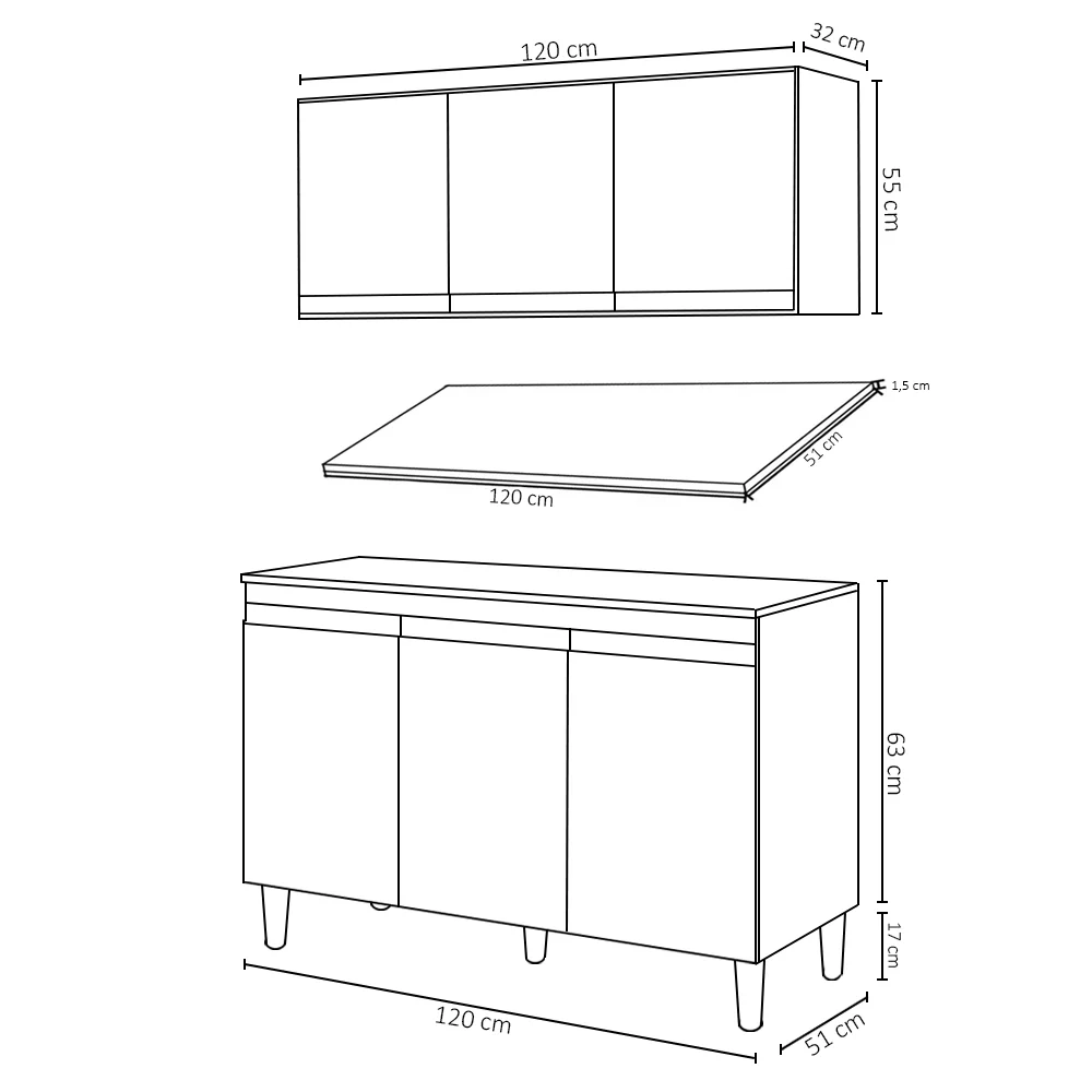Armário Aéreo Andréia e Balcão Gabinete Para Pia Com Tampo Manu 120cm Cinza - AJL Móveis