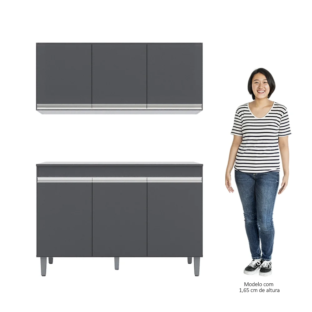 Armário Aéreo Andréia e Balcão Gabinete Para Pia Com Tampo Manu 120cm Cinza - AJL Móveis