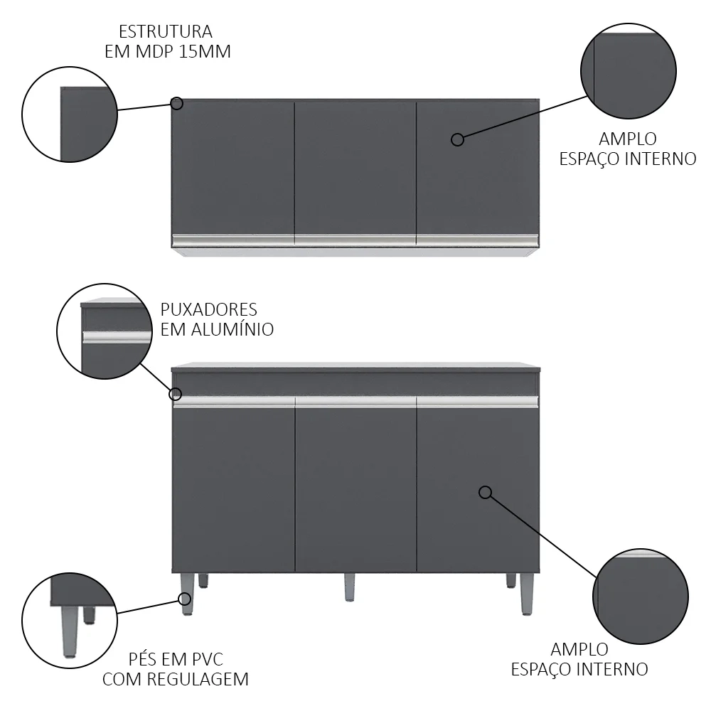 Armário Aéreo Andréia e Balcão Gabinete Para Pia Com Tampo Manu 120cm Cinza - AJL Móveis