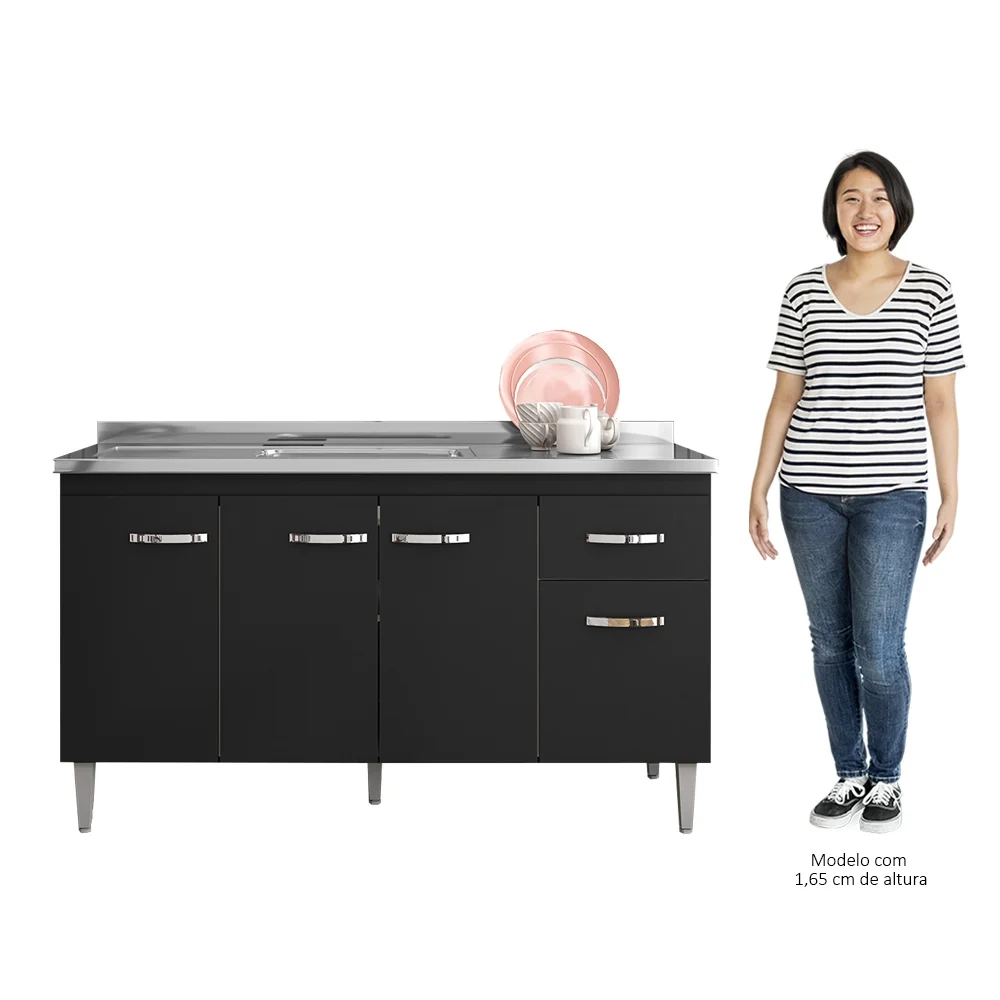 Balcão Gabinete Com Pia Inox 150cm 4 Portas e 1 Gaveta Gabriela Preto - AJL Móveis