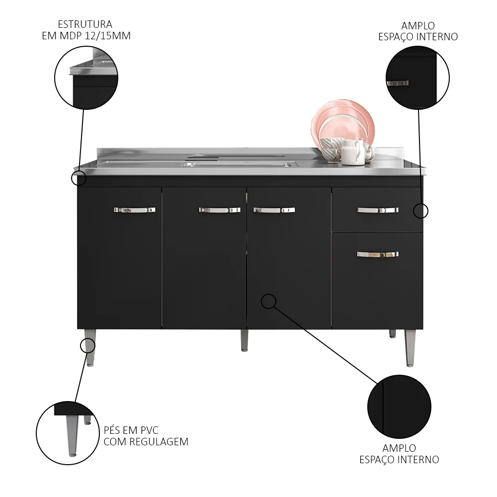 Balcão Gabinete Com Pia Inox 150cm 4 Portas e 1 Gaveta Gabriela Preto - AJL Móveis