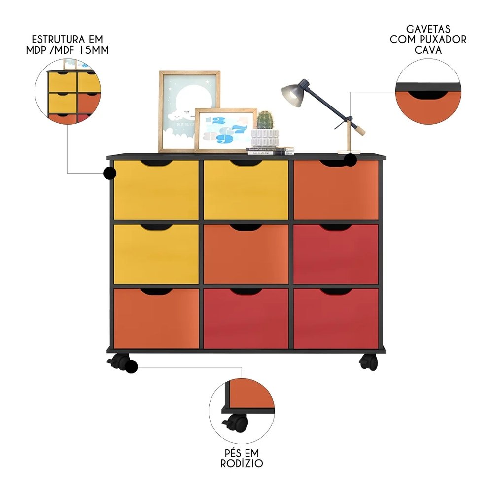 Nicho Organizador com Rodízios Toys 9 Gavetas Q01 Pto/Color - Mpozenato