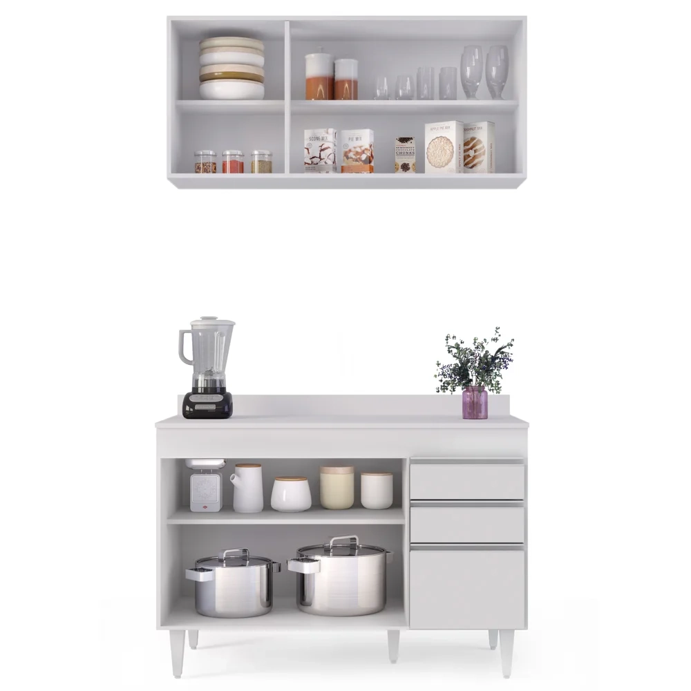 Armário Virgínia e Balcão com Tampo Michigan 120cm Branco - Lumil