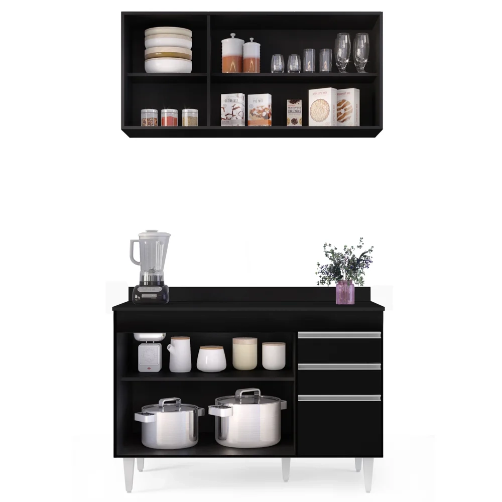 Armário Virgínia e Balcão com Tampo Michigan 120cm Preto - Lumil