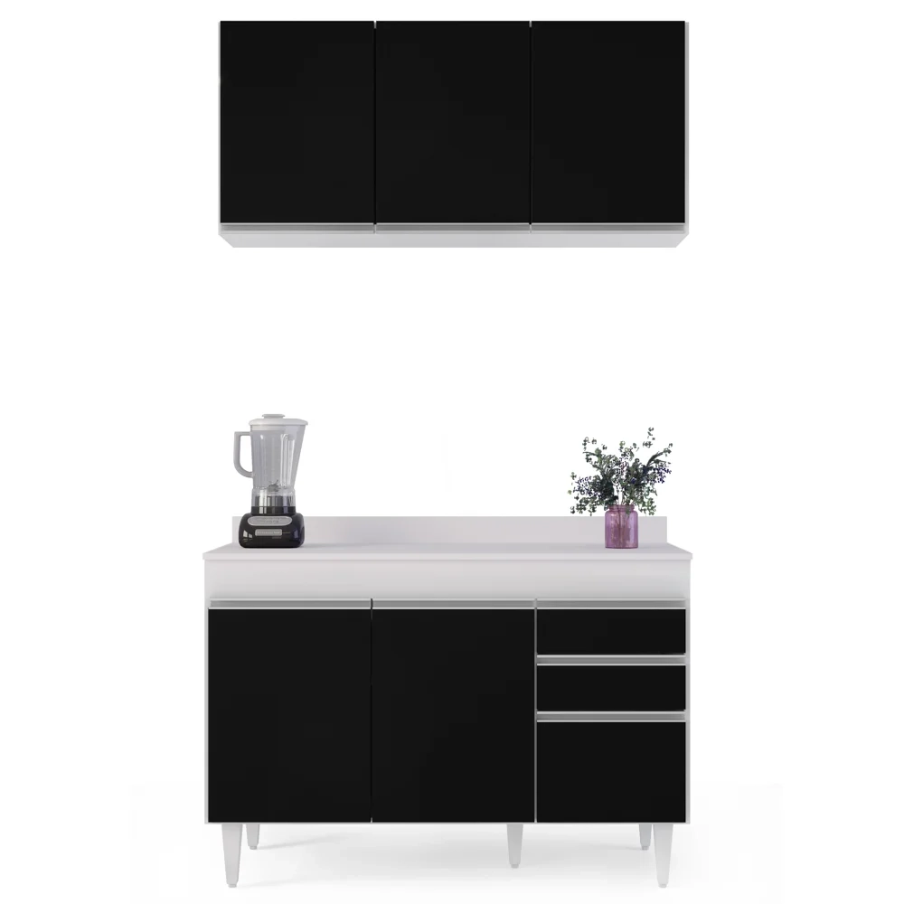 Armário Virgínia e Balcão com Tampo Michigan 120cm Branco/Preto - Lumil