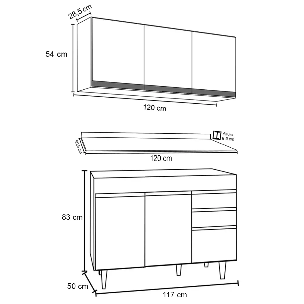 Armário Virgínia e Balcão com Tampo Michigan 120cm Branco/Preto - Lumil