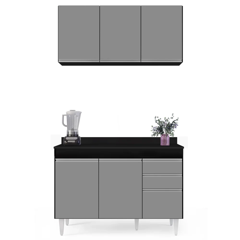 Armário Virgínia e Balcão com Tampo Michigan 120cm Preto/Cinza - Lumil