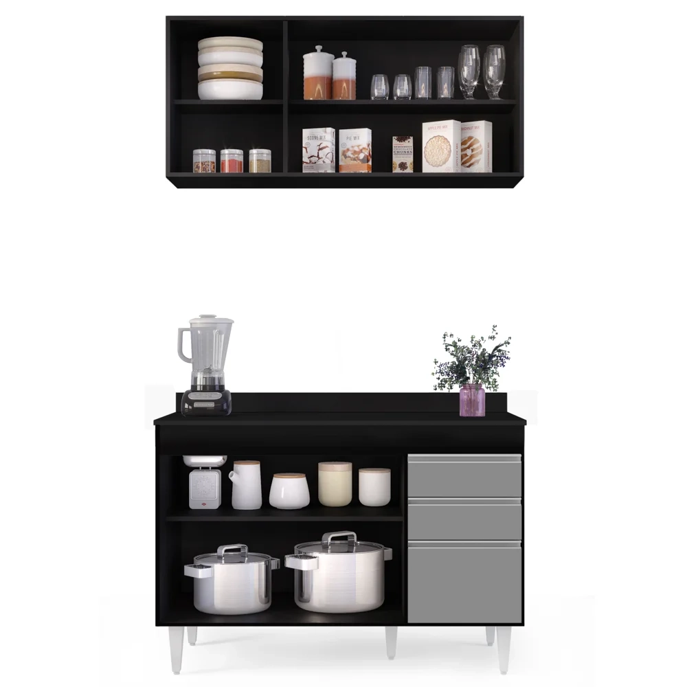 Armário Virgínia e Balcão com Tampo Michigan 120cm Preto/Cinza - Lumil