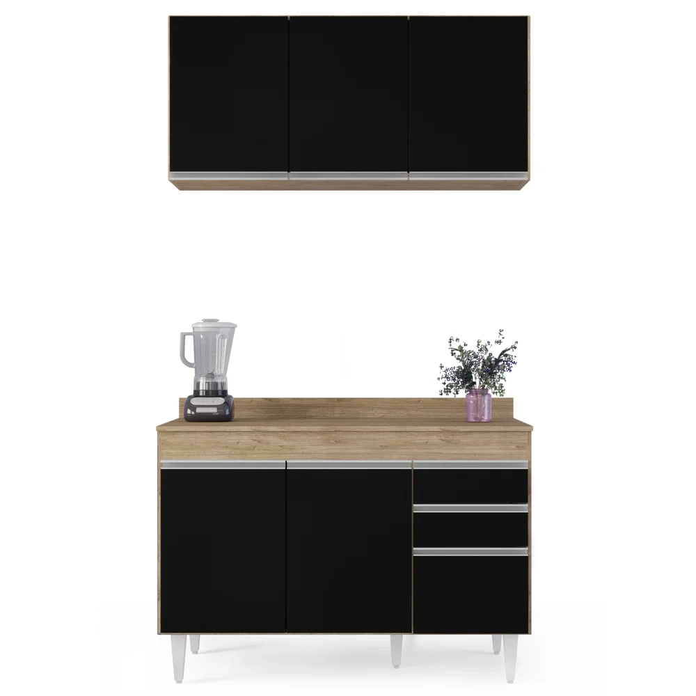 Armário Virgínia e Balcão com Tampo Michigan 120cm Castanho/Preto - Lumil