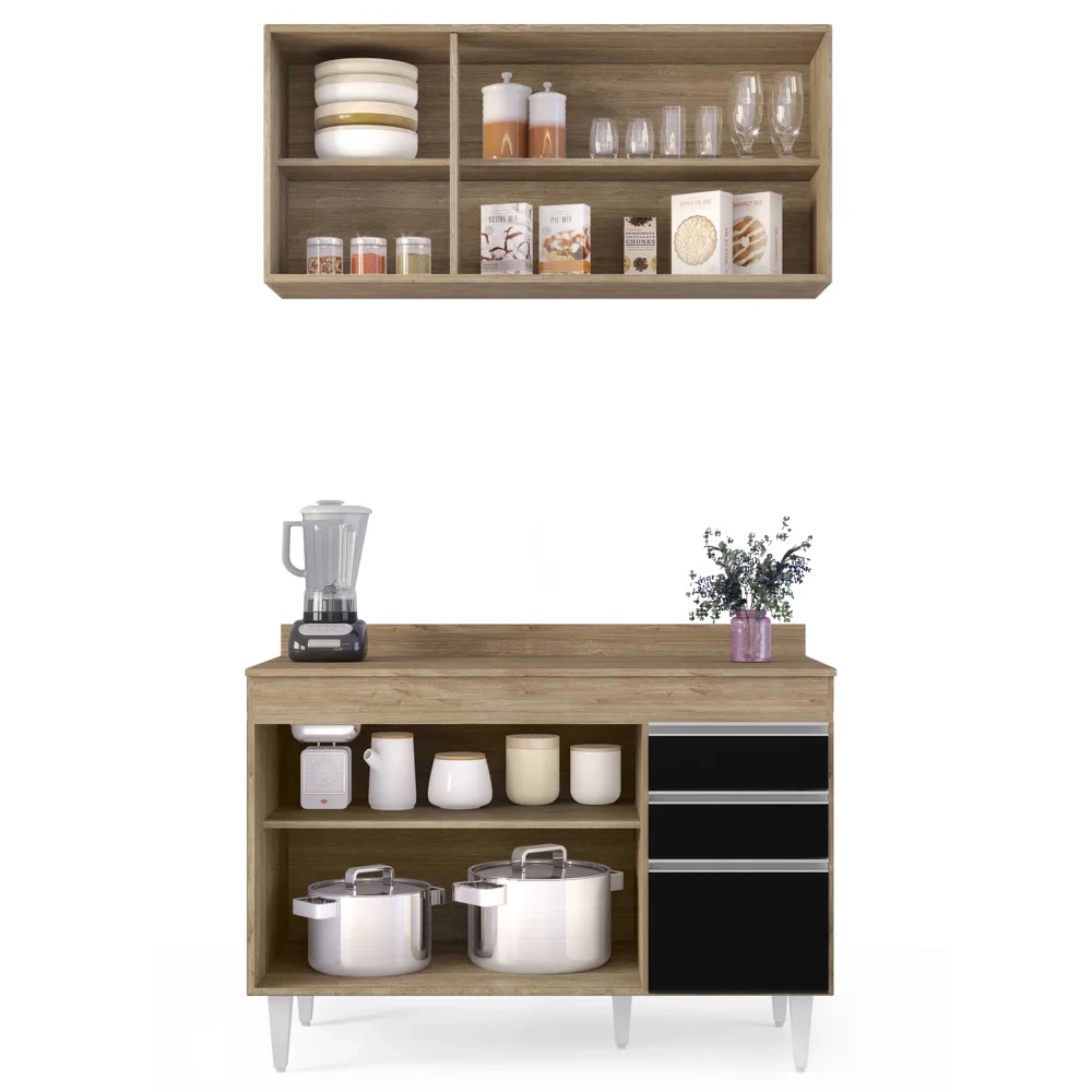 Armário Virgínia e Balcão com Tampo Michigan 120cm Castanho/Preto - Lumil