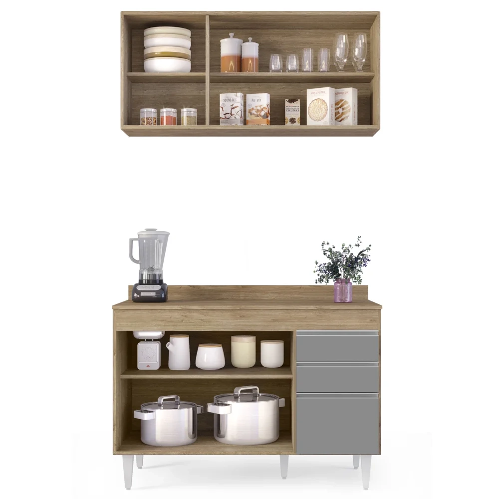 Armário Virgínia e Balcão com Tampo Michigan 120cm Castanho/Cinza - Lumil