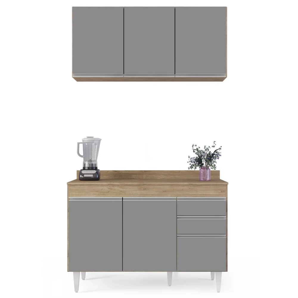 Armário Virgínia e Balcão com Tampo Michigan 120cm Castanho/Cinza - Lumil