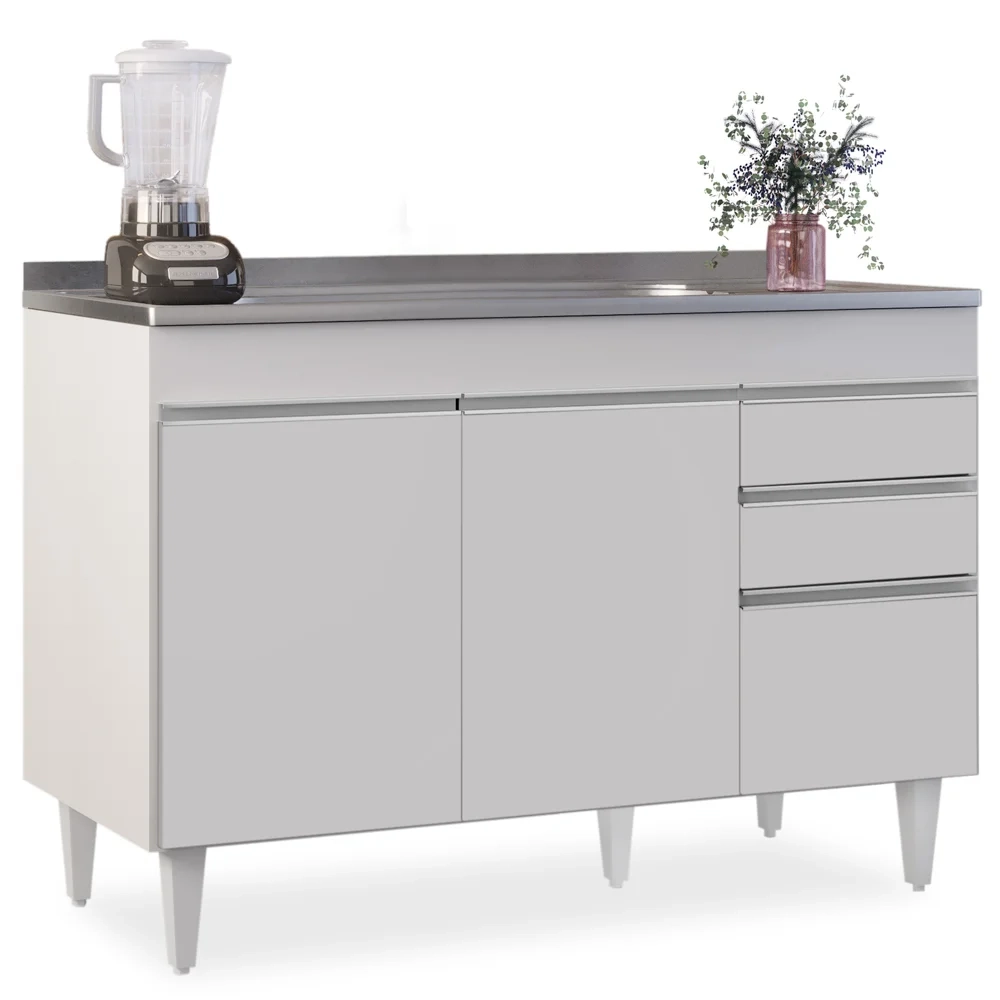 Balcão Gabinete com Pia Inox 120cm Michigan Branco - Lumil