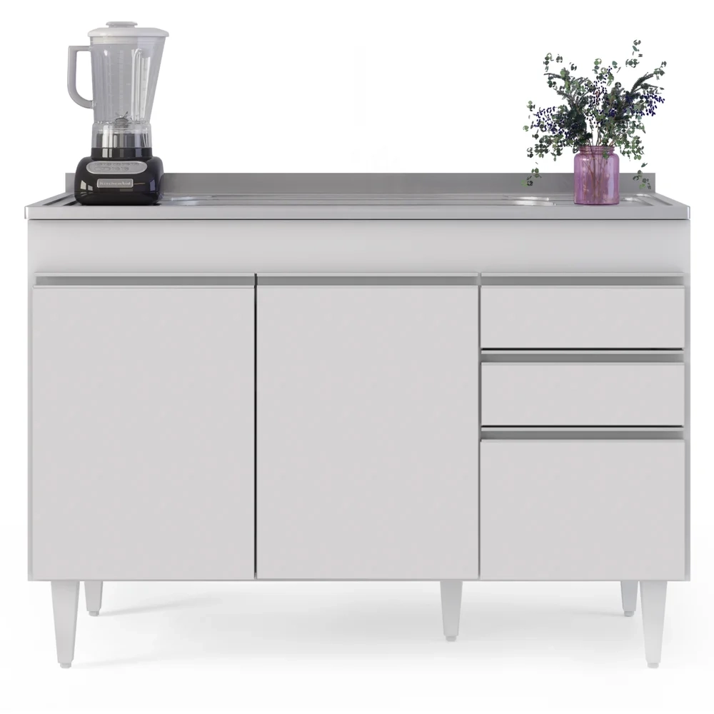 Balcão Gabinete com Pia Inox 120cm Michigan Branco - Lumil