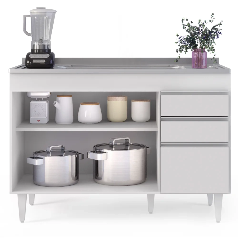 Balcão Gabinete com Pia Inox 120cm Michigan Branco - Lumil