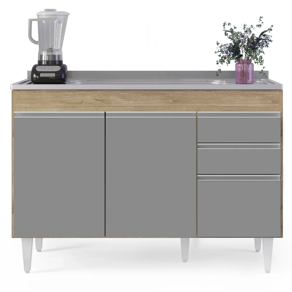 Balcão Gabinete com Pia Inox 120cm Michigan Castanho/Cinza - Lumil