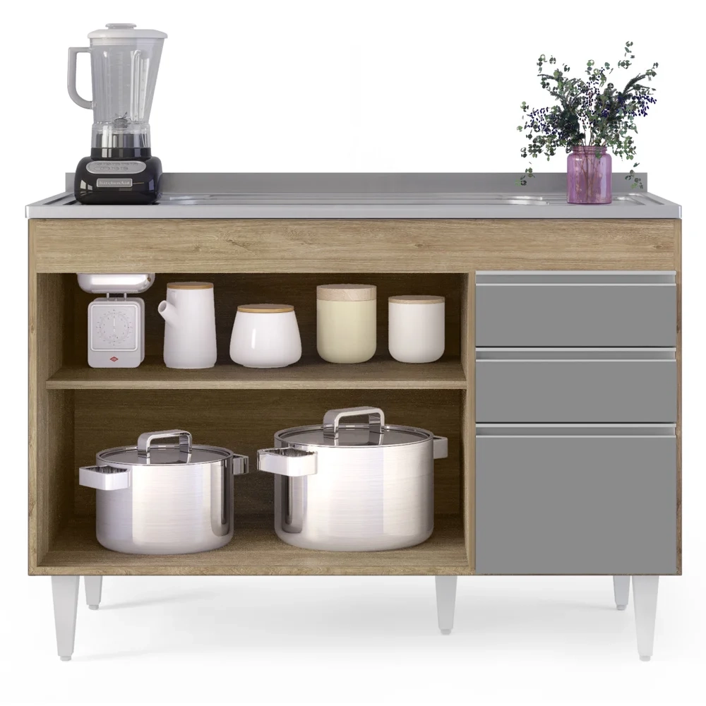 Balcão Gabinete com Pia Inox 120cm Michigan Castanho/Cinza - Lumil