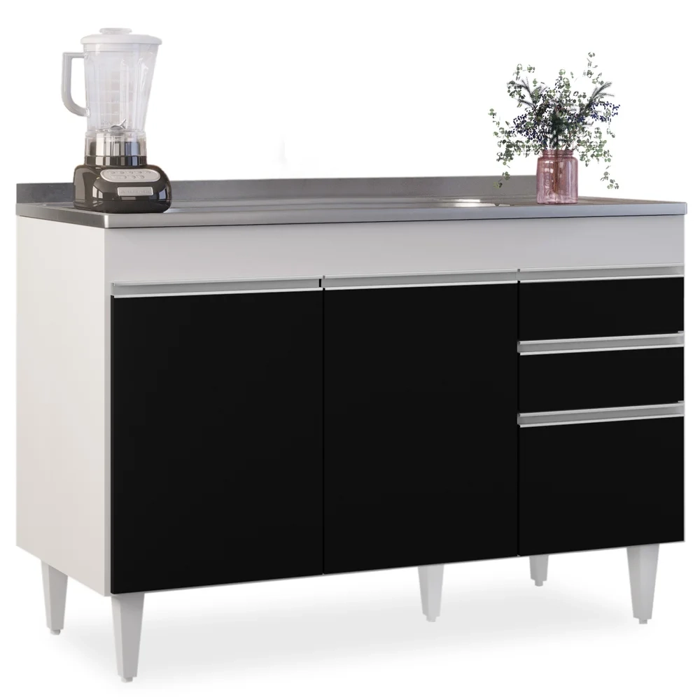 Balcão Gabinete com Pia Inox 120cm Michigan Branco/Preto - Lumil