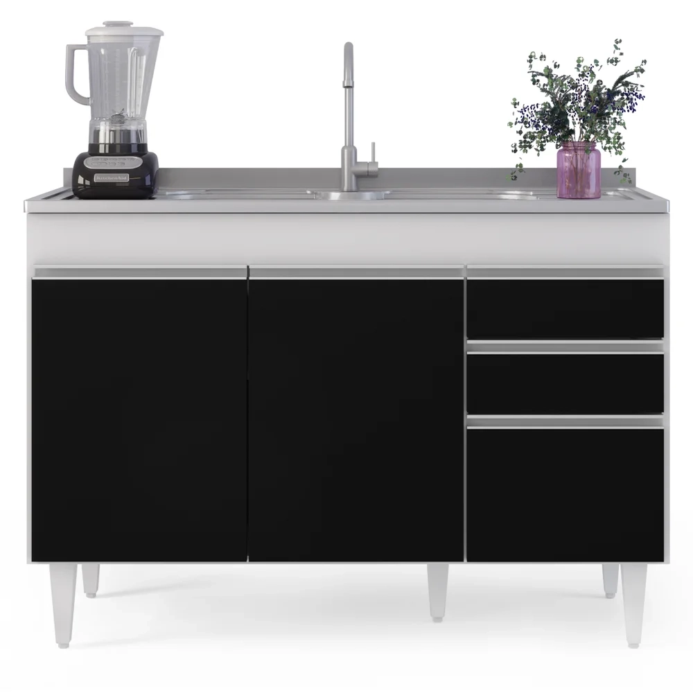 Balcão Gabinete com Pia Inox 120cm Michigan Branco/Preto - Lumil