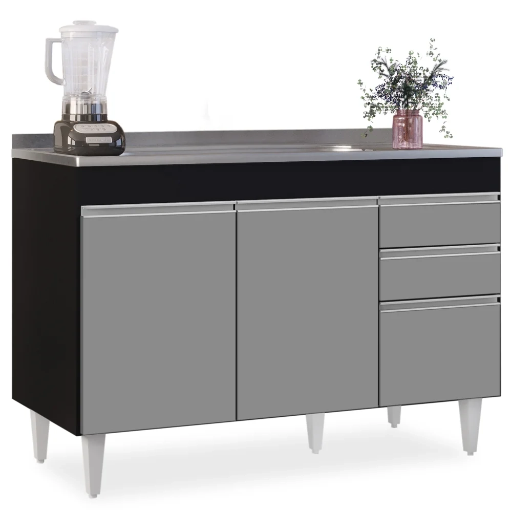 Balcão Gabinete com Pia Inox 120cm Michigan Preto/Cinza - Lumil