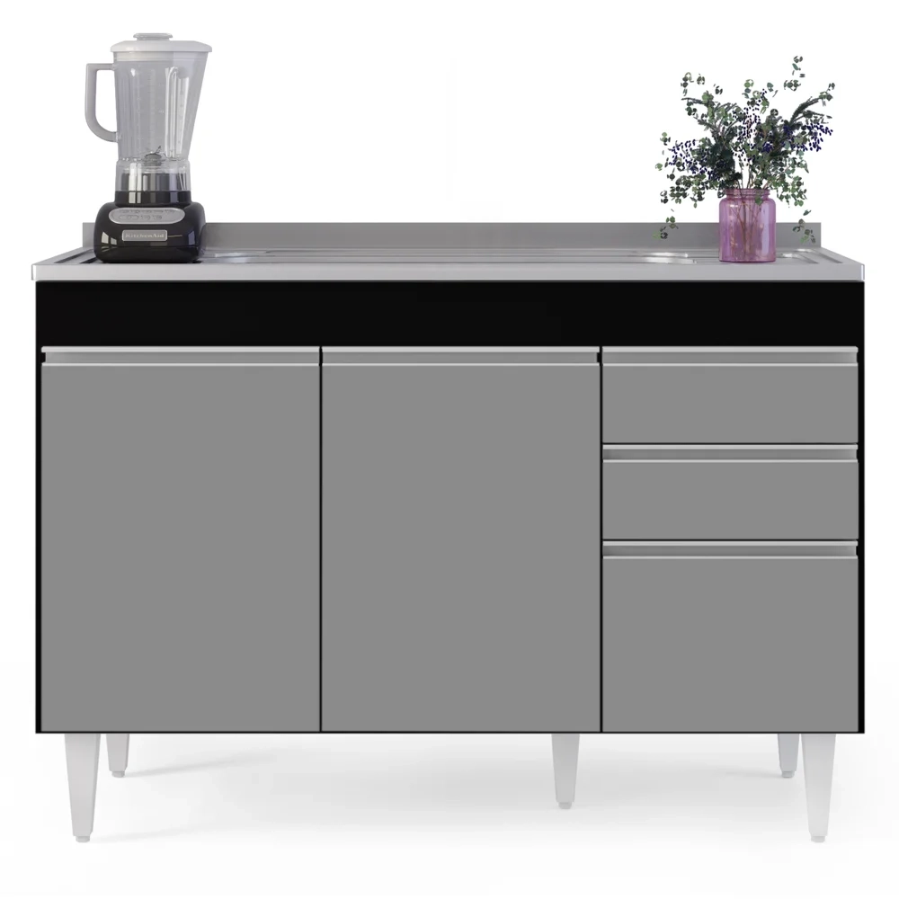 Balcão Gabinete com Pia Inox 120cm Michigan Preto/Cinza - Lumil