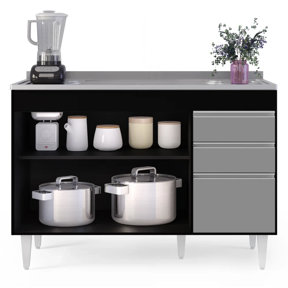 Balcão Gabinete com Pia Inox 120cm Michigan Preto/Cinza - Lumil