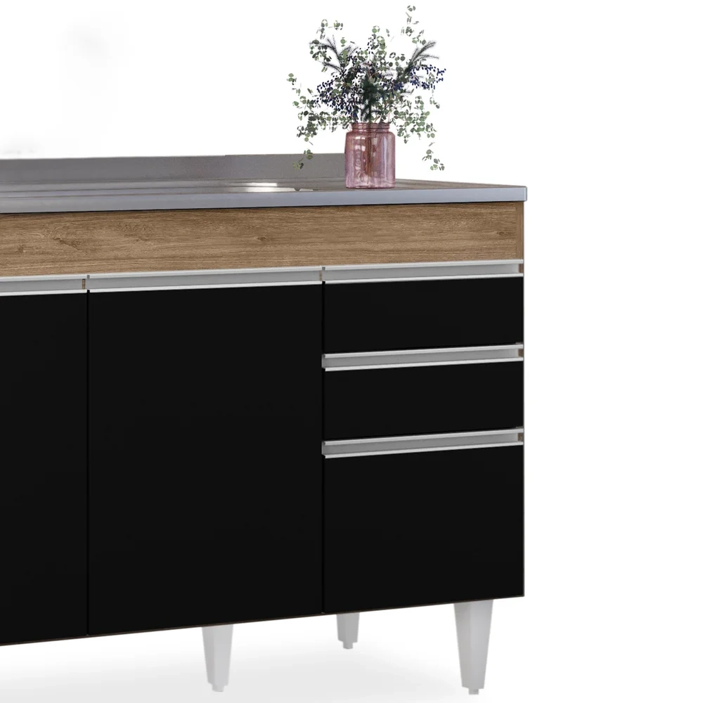 Balcão Gabinete com Pia Inox 120cm Michigan Castanho/Preto - Lumil