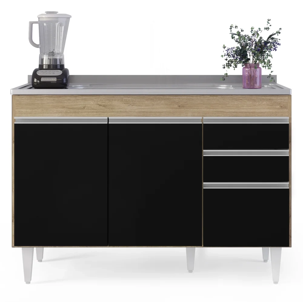 Balcão Gabinete com Pia Inox 120cm Michigan Castanho/Preto - Lumil