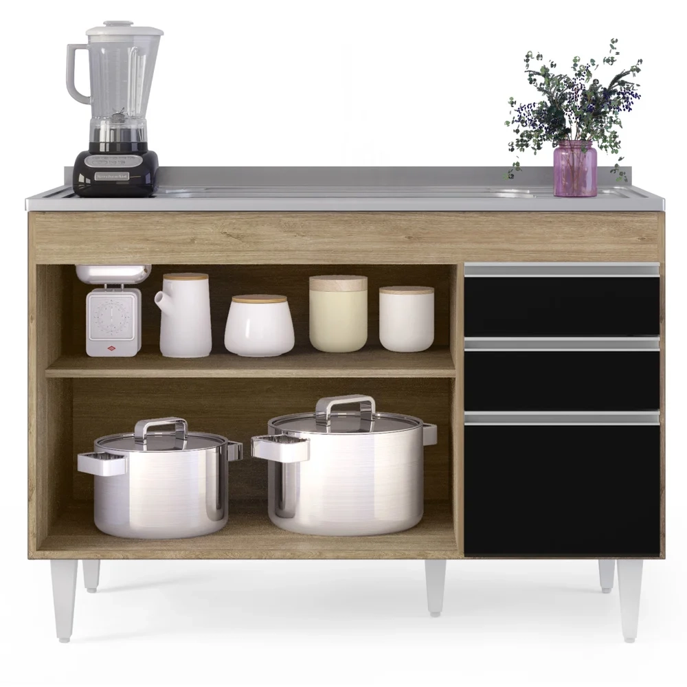 Balcão Gabinete com Pia Inox 120cm Michigan Castanho/Preto - Lumil