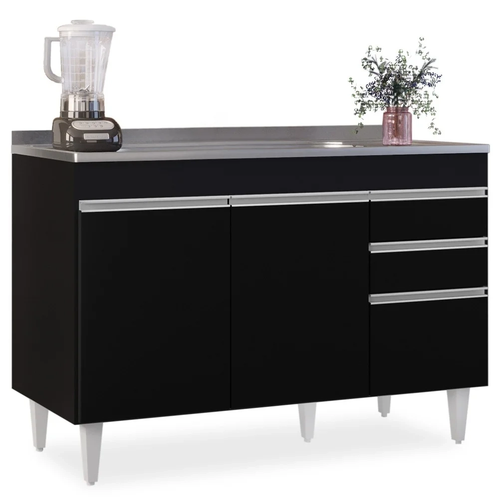 Balcão Gabinete com Pia Inox 120cm Michigan Preto - Lumil