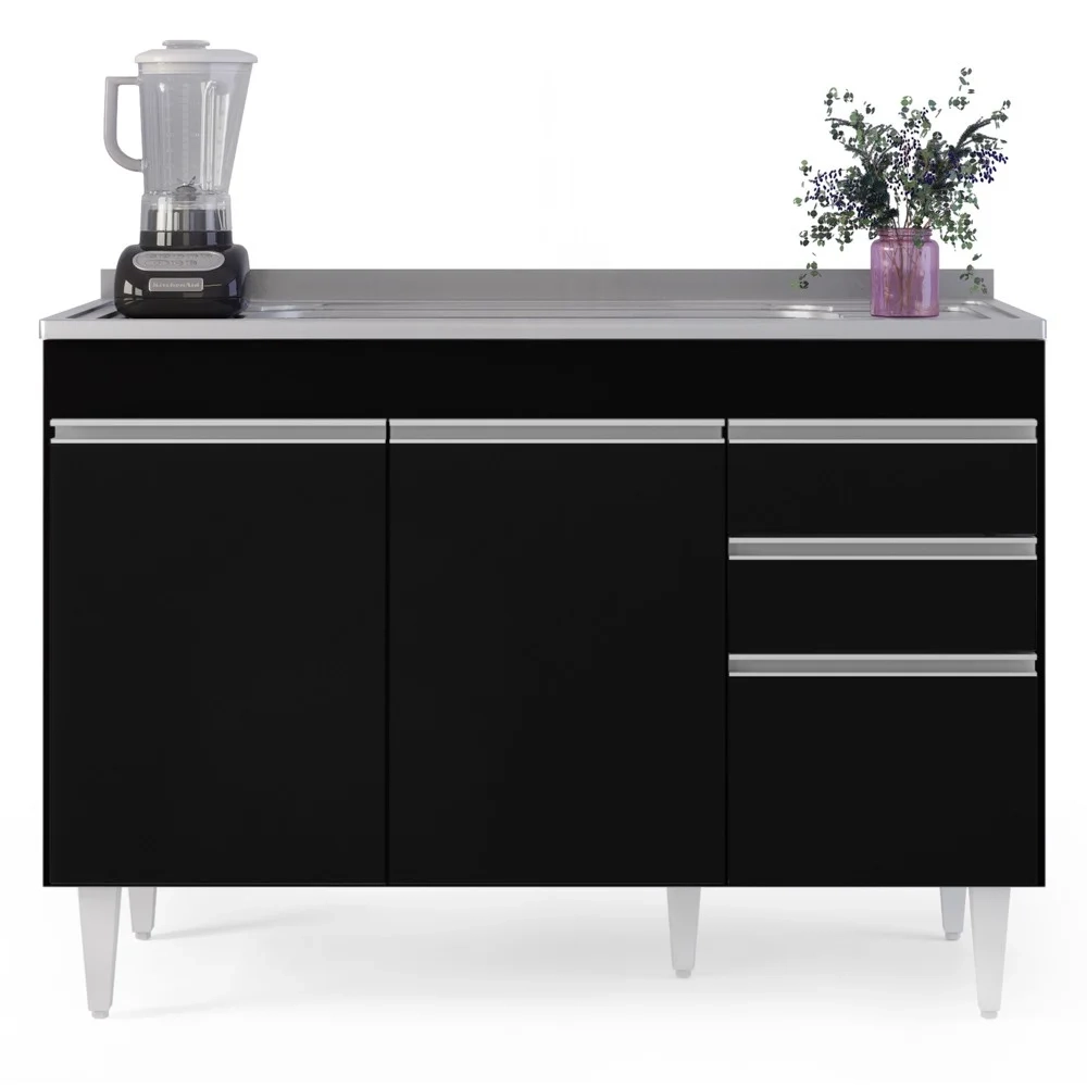 Balcão Gabinete com Pia Inox 120cm Michigan Preto - Lumil