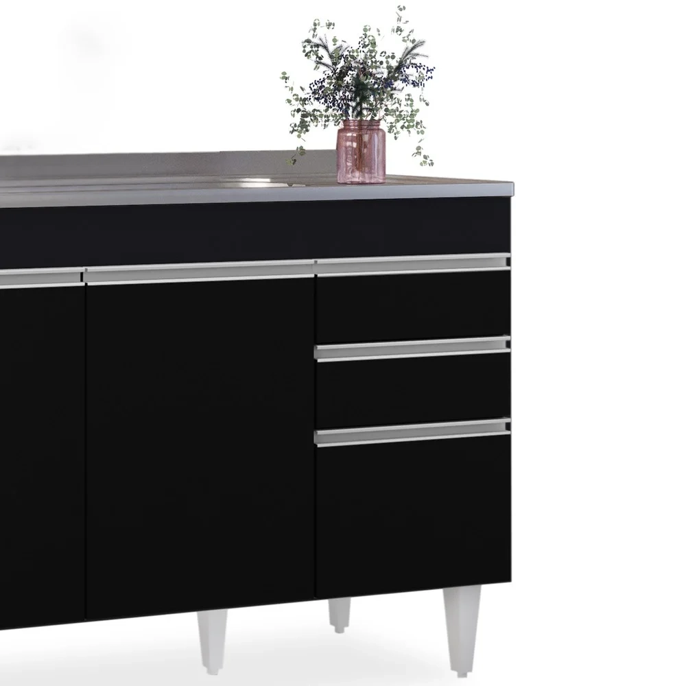 Balcão Gabinete com Pia Inox 120cm Michigan Preto - Lumil