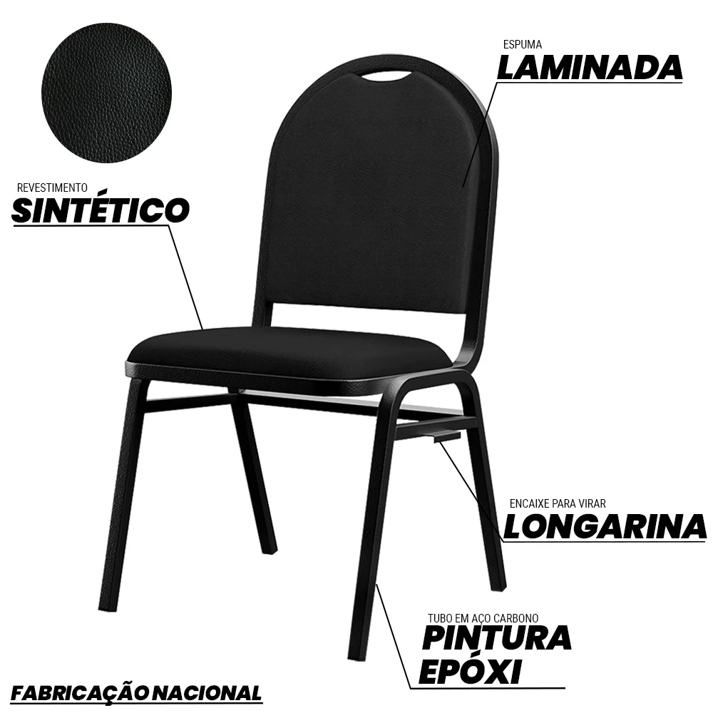 Kit 6 Cadeiras Hoteleiras Auditório Empilhável Sintético Z33 Preto - Mpozenato