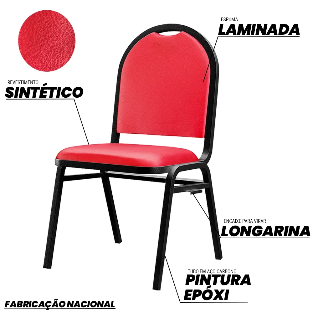 Kit 8 Cadeiras Hoteleiras Auditório Empilhável Sintético Z33 Vermelho - Mpozenato