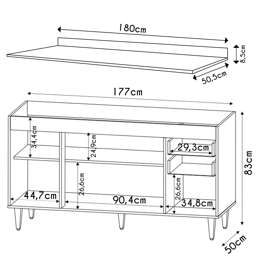 Balcão Gabinete 180cm com Tampo Dallas Preto - Lumil