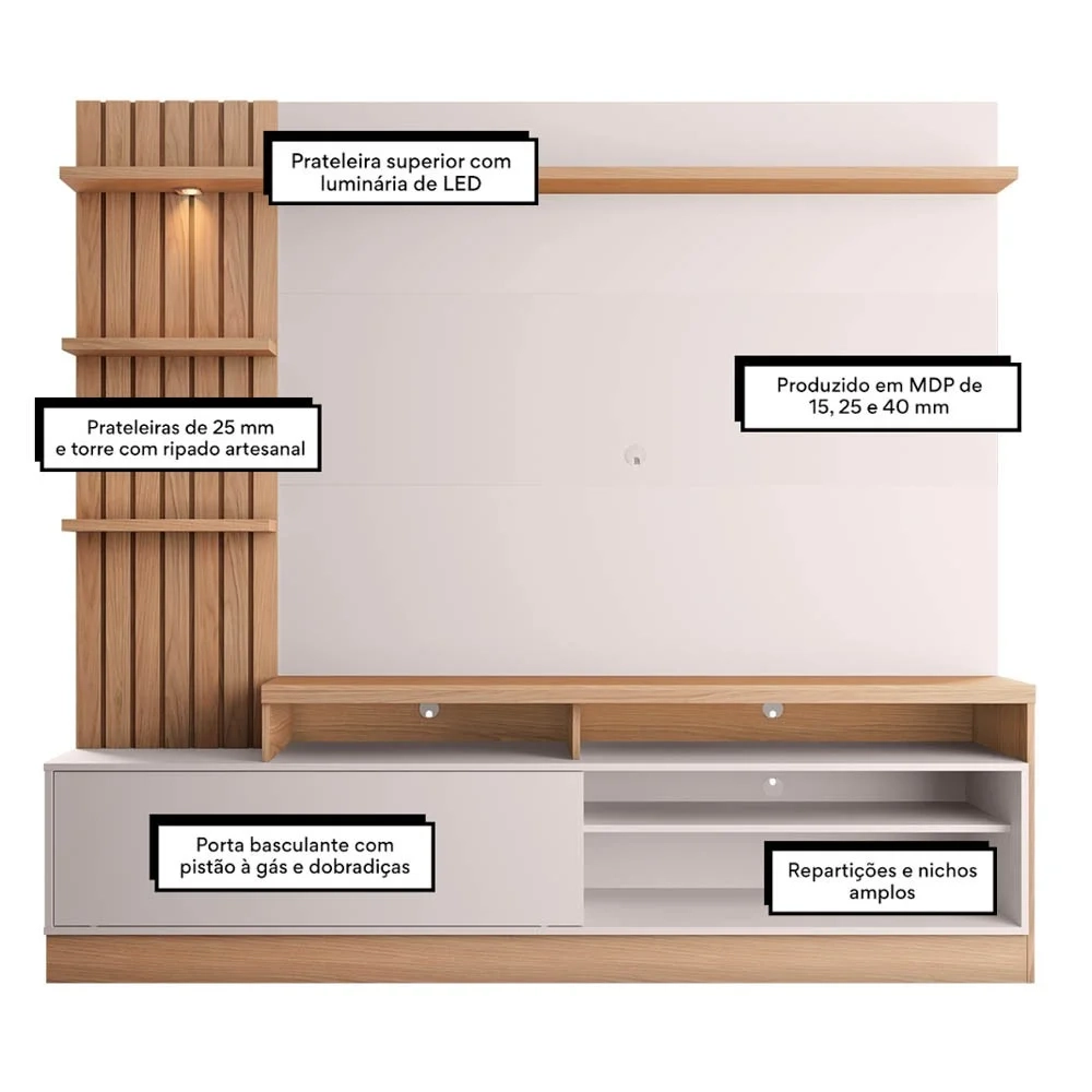 Estante Home Theater para TV até 65 Pol. Maceió Freijó/Off White - Colibri