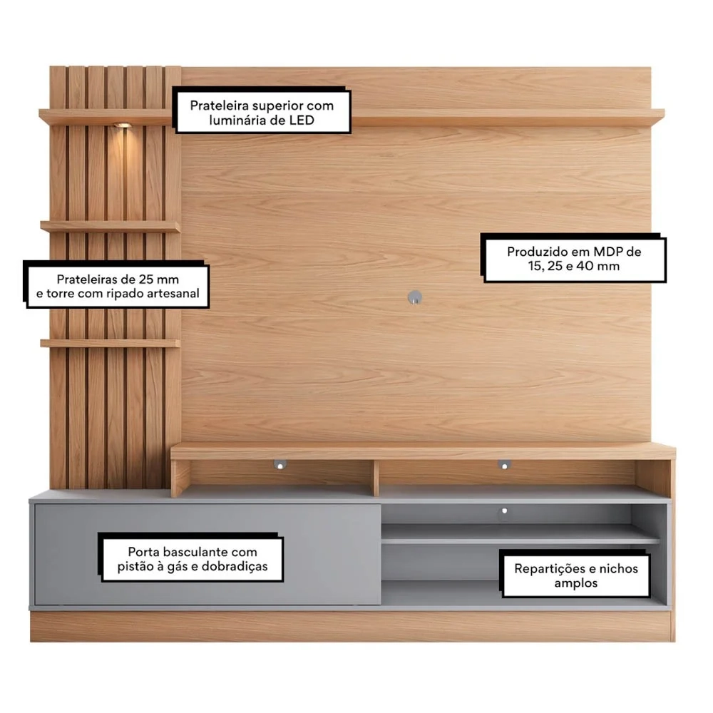 Estante Home Theater para TV até 65 Pol. Maceió Freijó/Cinza Fosco - Colibri