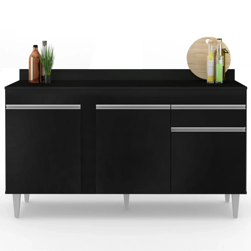 Balcão Gabinete para Pia com Tampo 150cm 3 Portas 1 Gaveta Dakota Preto - Lumil