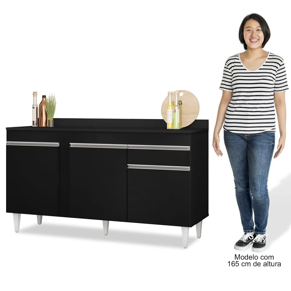 Balcão Gabinete para Pia com Tampo 150cm 3 Portas 1 Gaveta Dakota Preto - Lumil