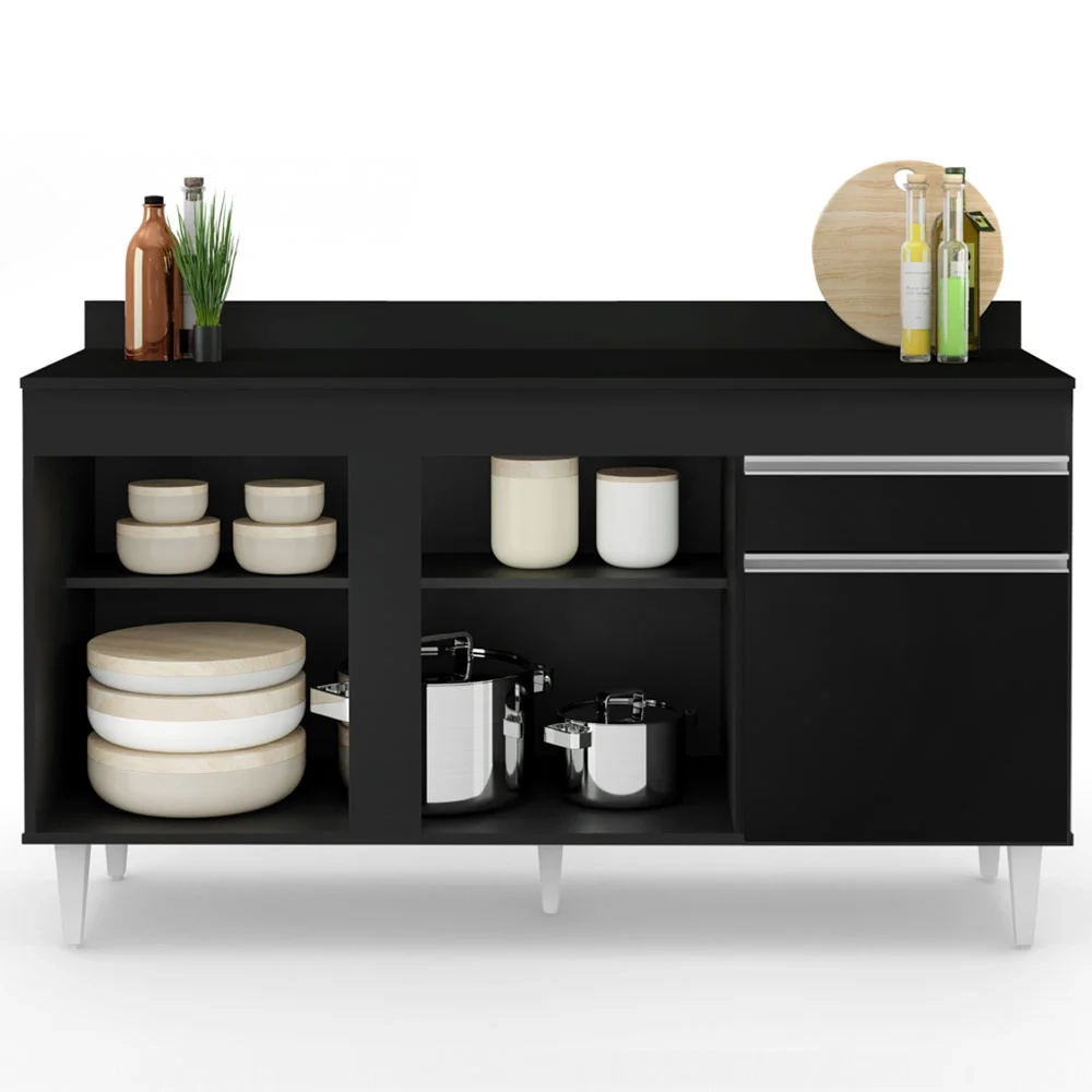 Balcão Gabinete para Pia com Tampo 150cm 3 Portas 1 Gaveta Dakota Preto - Lumil