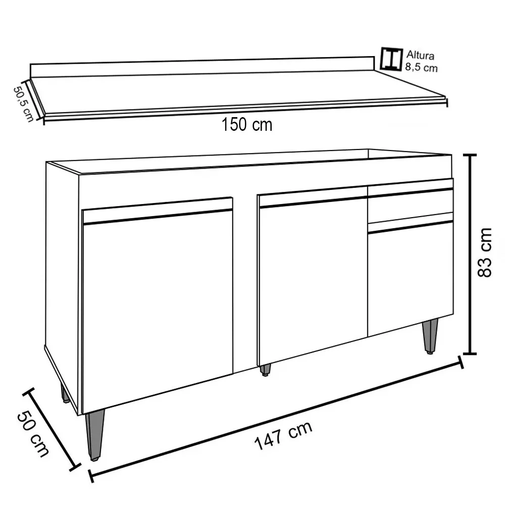 Balcão Gabinete para Pia com Tampo 150cm 3 Portas 1 Gaveta Dakota Castanho/Cinza - Lumil