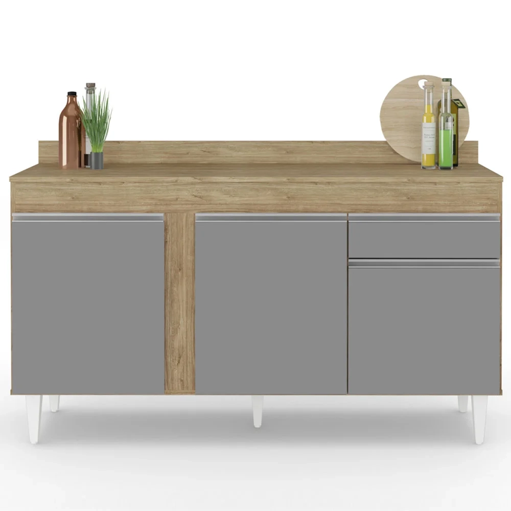 Balcão Gabinete para Pia com Tampo 150cm 3 Portas 1 Gaveta Dakota Castanho/Cinza - Lumil