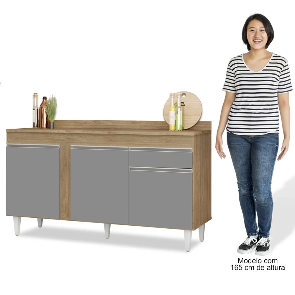 Balcão Gabinete para Pia com Tampo 150cm 3 Portas 1 Gaveta Dakota Castanho/Cinza - Lumil